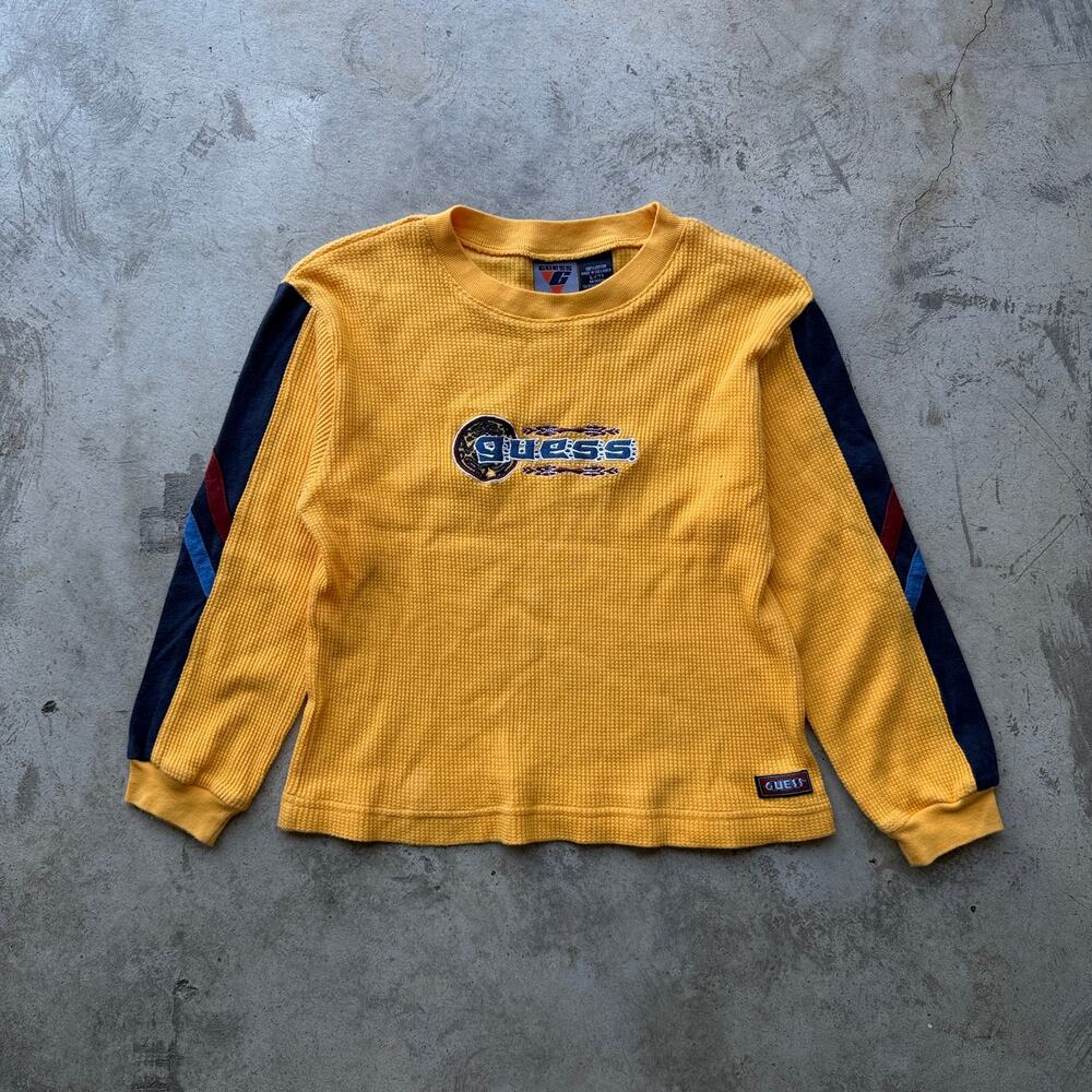 Y2K GUESS Kids Thermal Long Sleeve Yellow Colorblock Shirt L 7